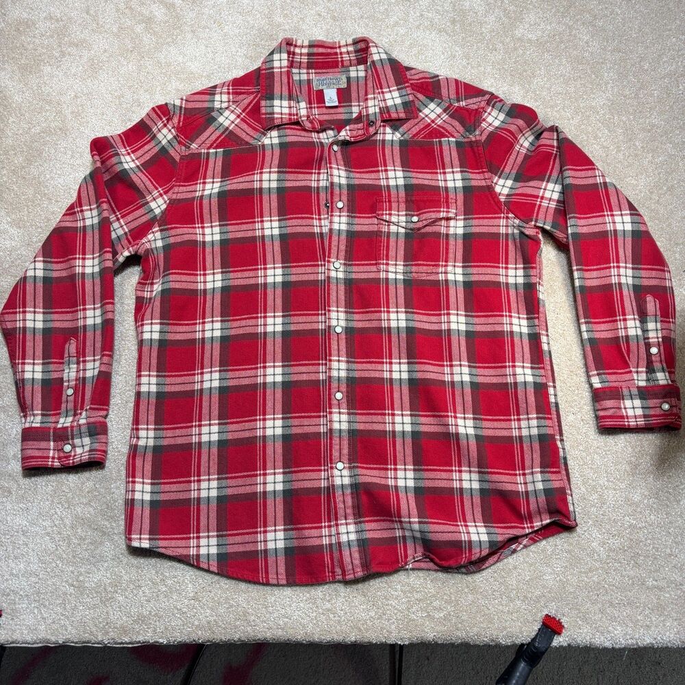 Ruff Hewn Mens L Plaid Flannel Shirt 100% Cotton Heritage Red Pearl Snap